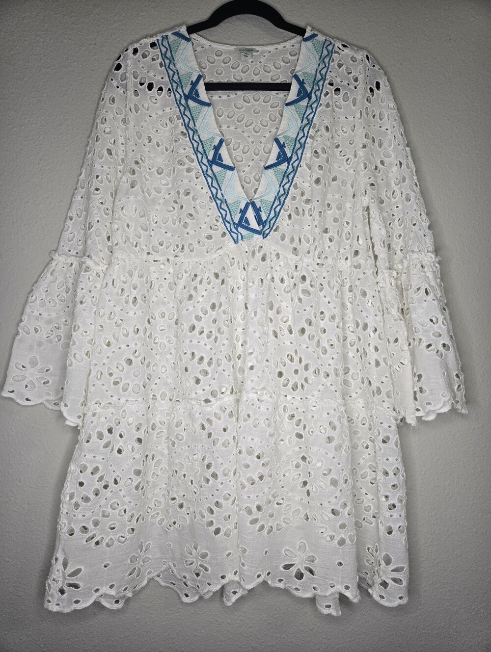 Sundance White Eyelet Mini Dress with Blue Embroidered V-Neck